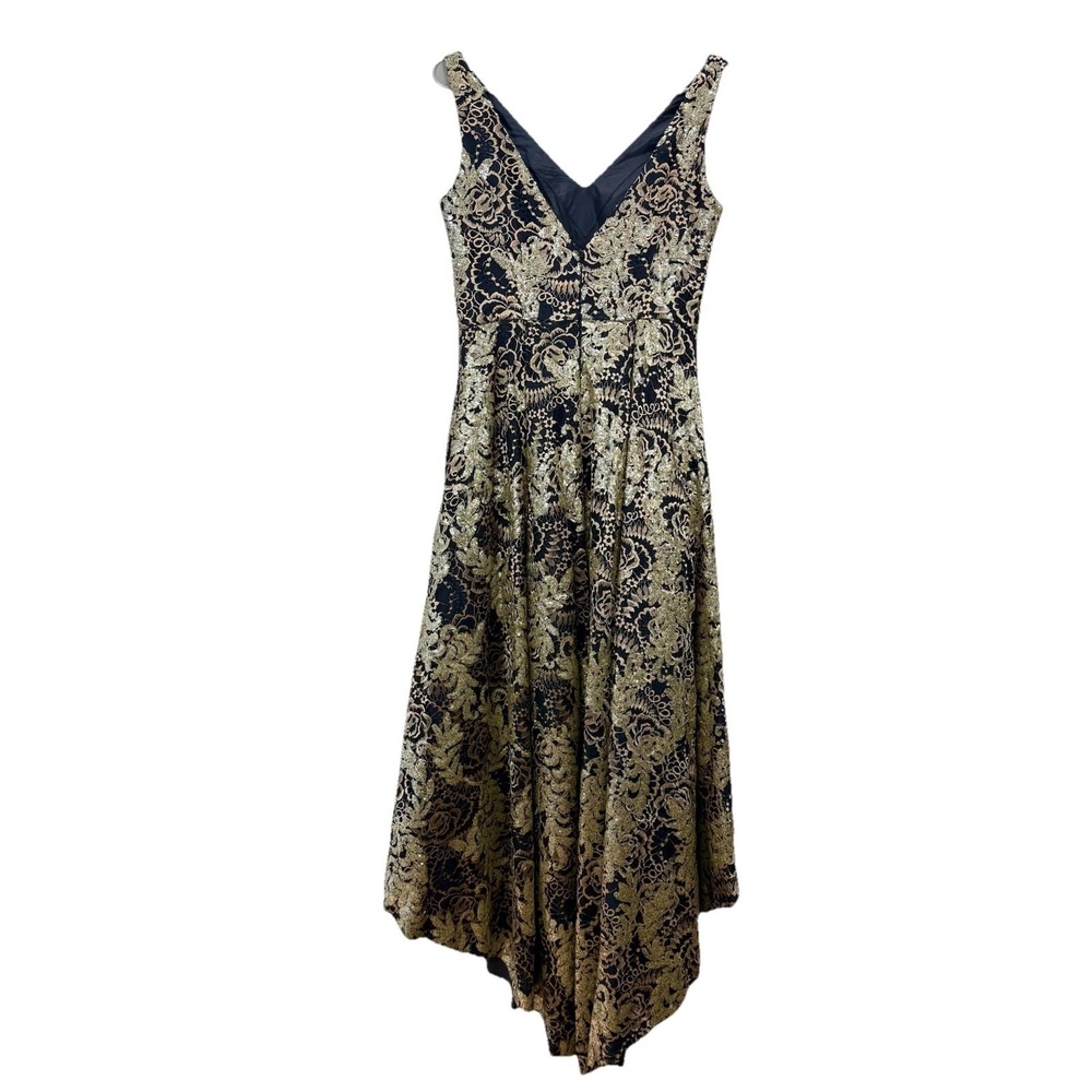 Calvin Klein Black Gold Sequin Hi Low Formal Sleeveless Evening Gown Pockets 6 - Picture 9 of 14